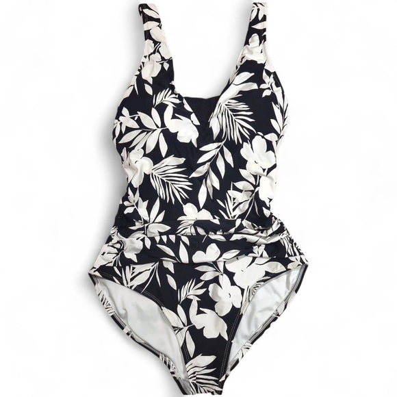 Lands' End One-Piece Swimsuit Size Medium | Black & White Tropical Print NWT - Picture 1 of 10